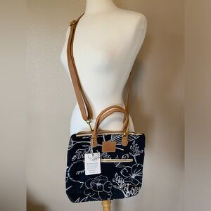 Convertible zip-top shopper crossbody in Hidden Garden & oiled caramel leather